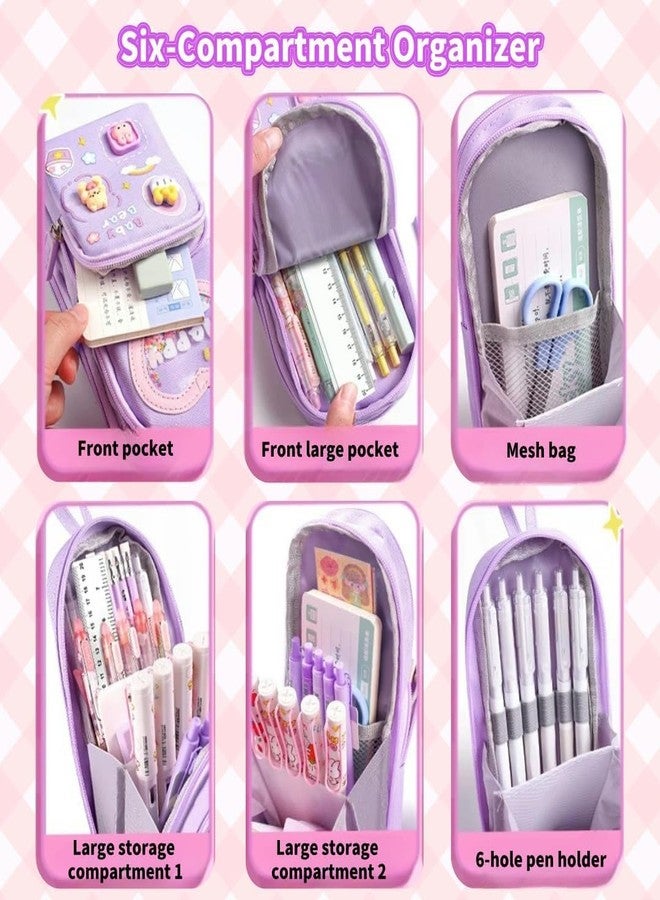 SRUSTEPY Kawaii Style Pencil Case, Three Layer Design, Purple Backpack Shape with Happy Time Pattern, Large Capacity Storage - Image 4
